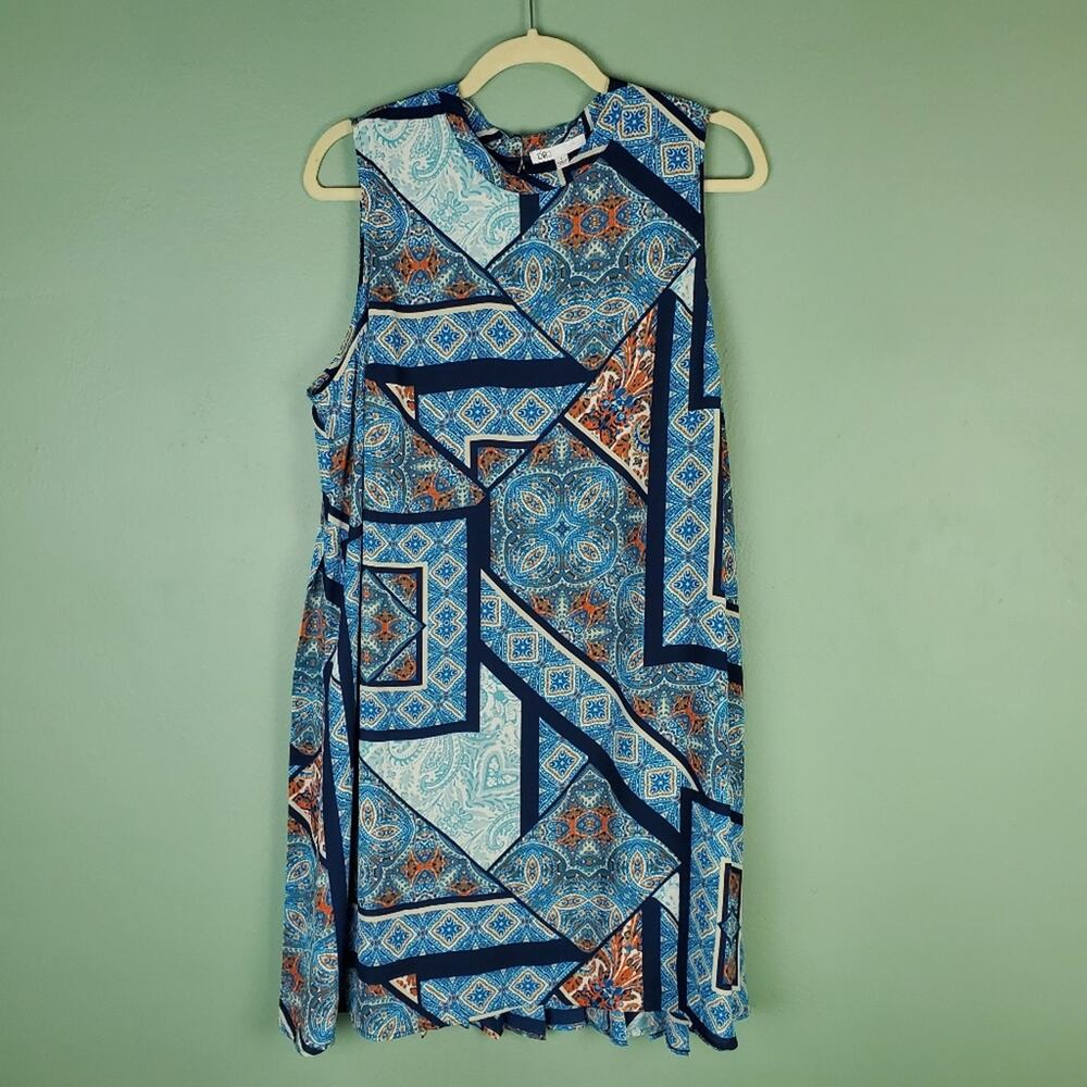 DR2 by Daniel Rainn Blue Patchwork Pattern Sleeveless Pleated Dress Size Large